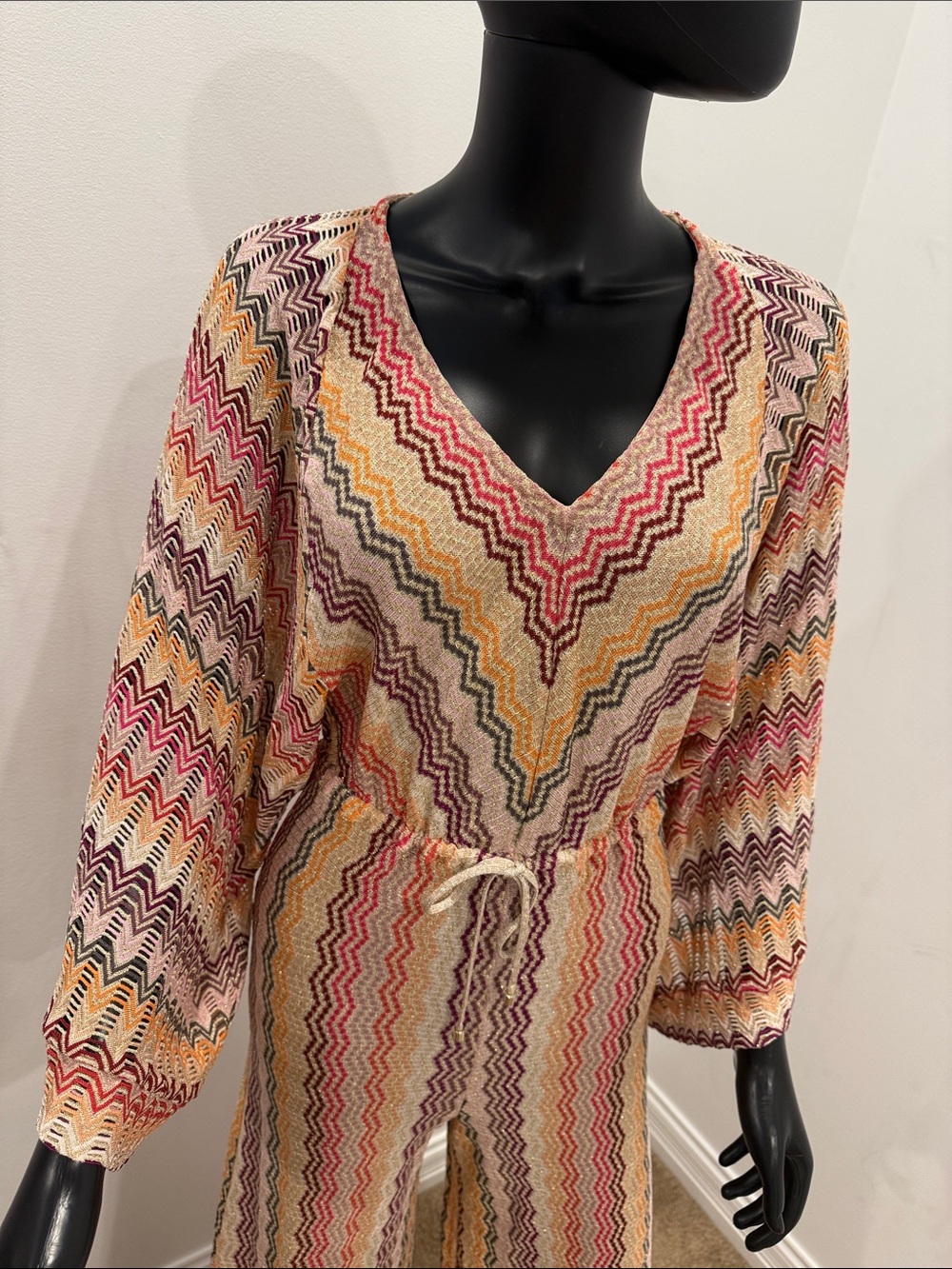 MISSONI Metallic Zigzag Knit Jumpsuit Palazzo Wide Leg Kimono Sleeves IT 40 New - Picture 7 of 15